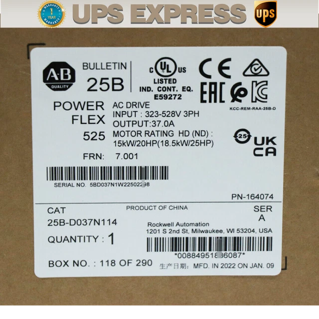 25B-D037N114 AB PowerFlex 525 18.5kW (25Hp) AC Drive 25B-D037N114 SPOT GOODS #CG