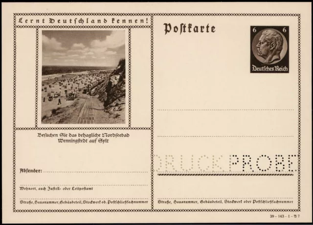 DR; 6 Pf. Hindenburg Auflage 1939,  * Druckproben-Bild-Ganzsache  "WENNINGSTEDT"