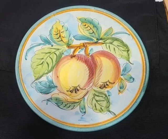 Vtg ITALIAN MAJOLICA  ART POTTERY Plate Wall Hanger Plaque Hand Painted Apples