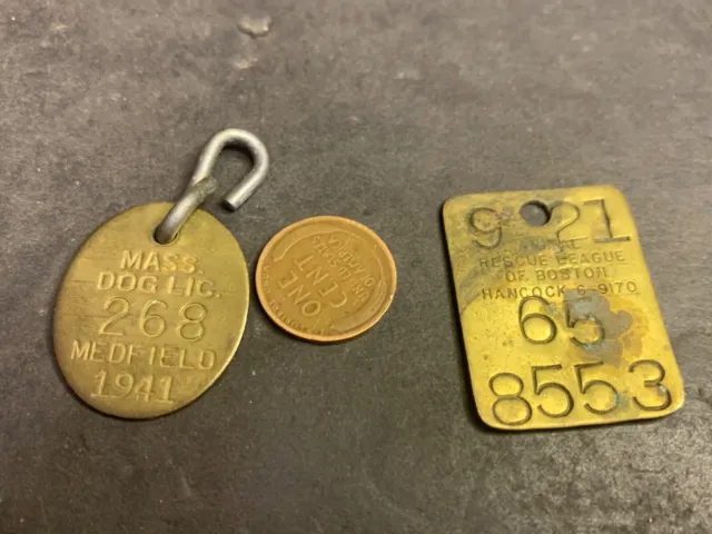 Vintage 1941 Medfield MA Dog Tag & Animal Rescue League of Boston Tag, Brass