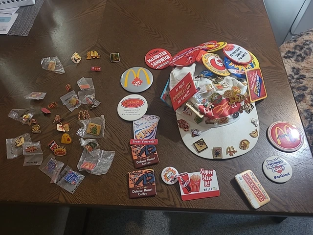 Vintage McDonald's Crew Pin Collection On Pizza Hat 1990's 68 Pins 27 Button