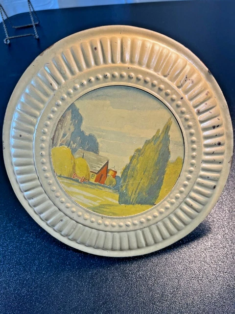 Vintage Tin Stove Pipe Chimney FLUE COVER - Whimsical Country Scene