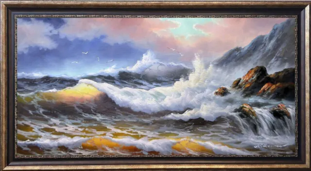 Extra Large Seascape "Rocky Coast Of Pacific Ocean" Listed Artist Oil Painting