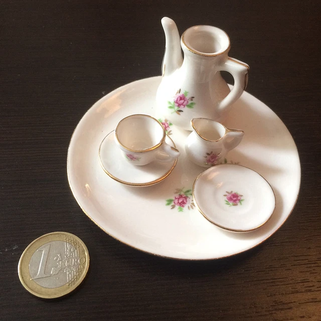 Petite Dinette Ancienne En Porcelaine - 12 Pièces - Décor Jouets, Fleurs - Occasion