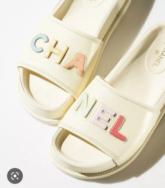 Chanel 22S Ivory Lambskin Multicolor CHA NEL Letter Logo Flat Slide Sandal  40