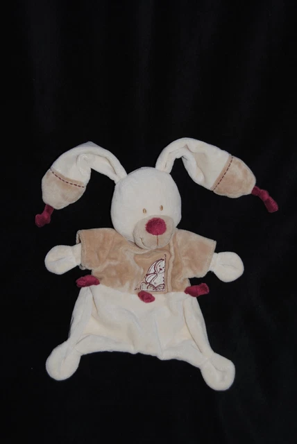Doudou lapin plat beige NICOTOY SIMBA KIABI Bastien nœuds bordeaux TTBE