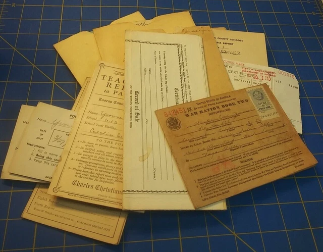 Lot of 14 Vintage Papers Documents Receipts Etc. 1930s 40s 50s War Ration Book