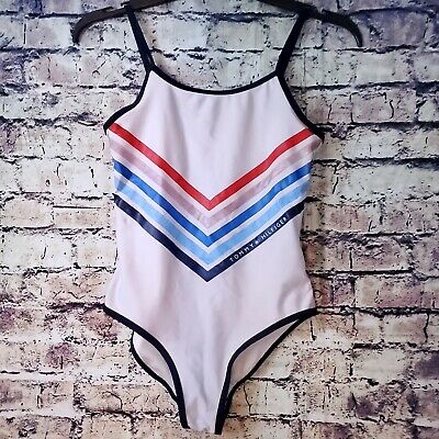 Tommy Hilfiger Girls White Blue Pink Striped One Piece Swimsuit Size L, 12-14