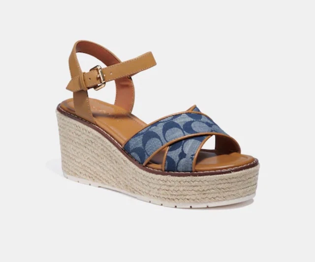 Womens COACH Blue Signature Chambray Brown Leather Kimberly Espadrille Size 8.5