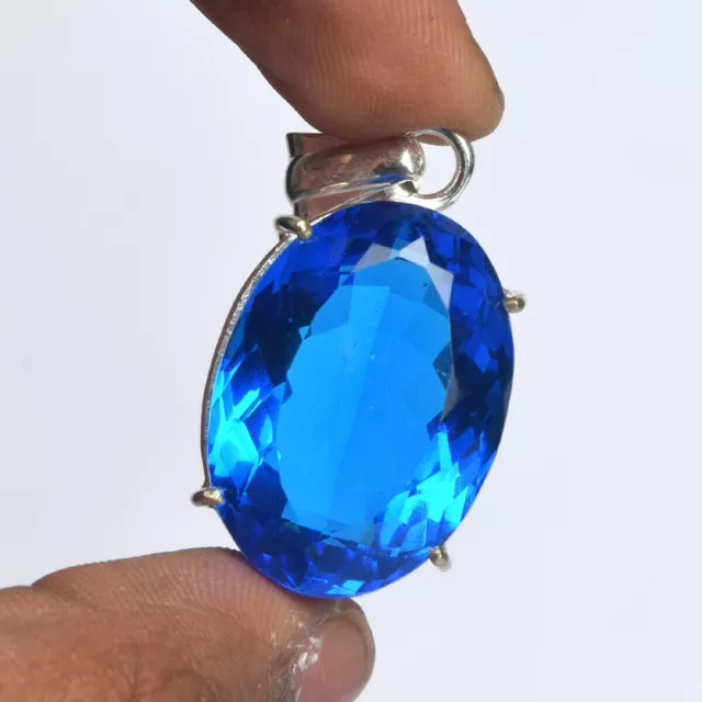 Stunning Blue Topaz Oval Cut Loose Stone 20gm 925 Silver Pendant Trendy Jewelry