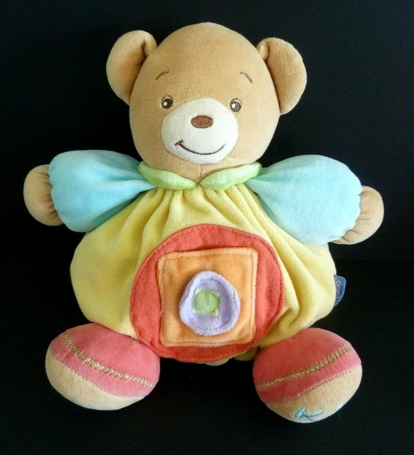 GG. DOUDOU BOULE KALOO OURS VENTRE JAUNE ROND ORANGE MAUVE BRAS BLEU 26cms TBE