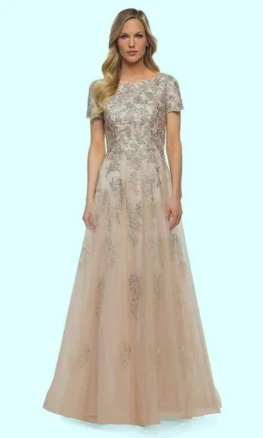 La Femme Nude Gold Lace & Tulle Embroidered Sparkle A-Line Gown Size 8 $619