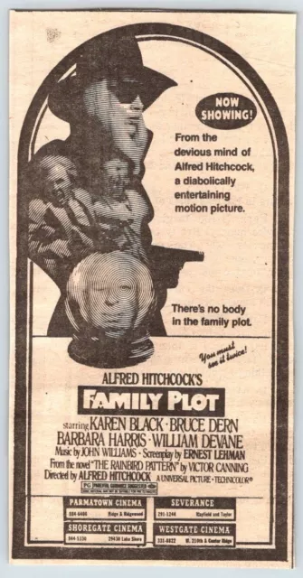 1976 ALFRED HITCHCOCK'S FAMILY PLOT MOVIE AD Vintage 3"X6" Newspaper EBS15