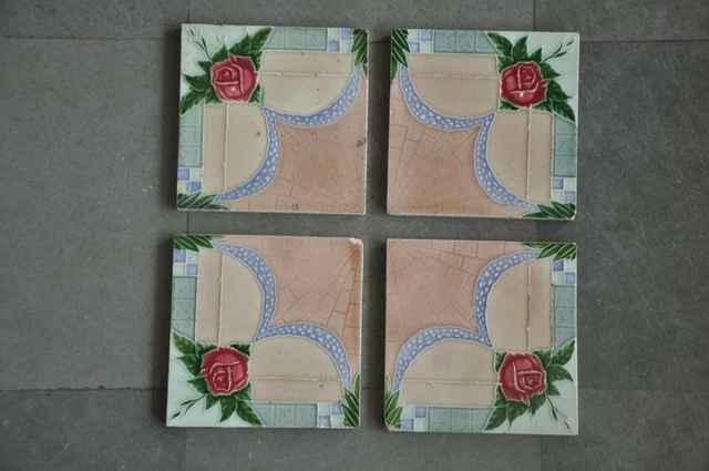 4Pc Vintage Majolica Decorative Rose Flower Art Nouveau Architecture Tiles,Japan