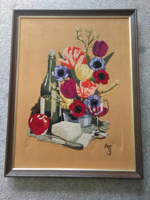 Vtg Paragon Completed Crewel Picture Framed Retro Flowers Wine Cheese 20 x26