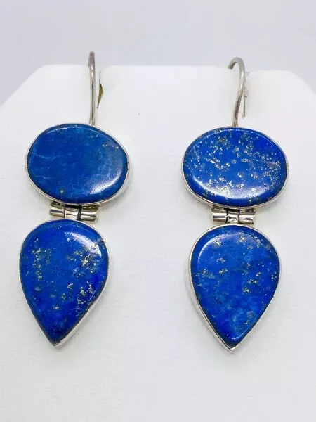 925 Solid Sterling Silver Genuine Lapis Lazuli Post Dangle Earrings