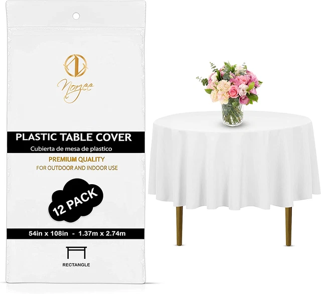 12-Pack White Disposable Plastic Tablecloths, 84" Plastic Table Cloth, round Tab