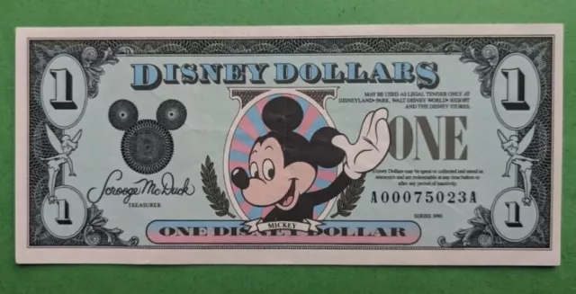 Immaculate Early 1990 Disney Mickey Mouse One Dollar AA Banknote, Low Serial