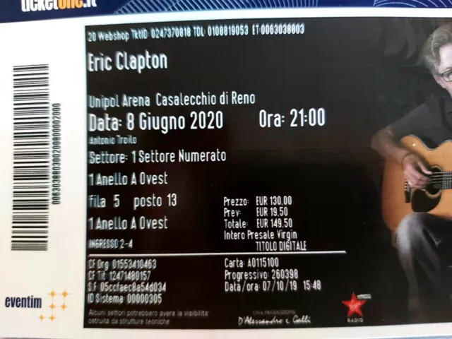N.2 Biglietti Eric Clapton Bologna 20/05/2022