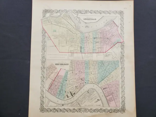 1855 Colton Map - New Orleans LA + Louisville KY Landmarks -100% Genuine Antique