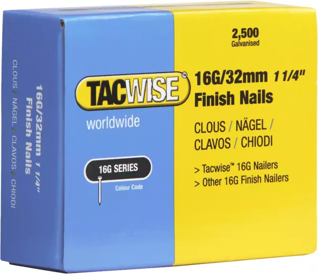 Tacwise 294 16 g 32 mm straight nails for nail guns box of 2500, silver
