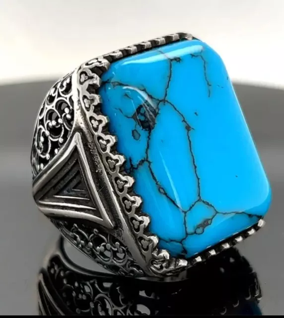 Turquoise Jewelry Solid 925 Sterling Silver Turkish Jewelry Men's Ring Size R ½