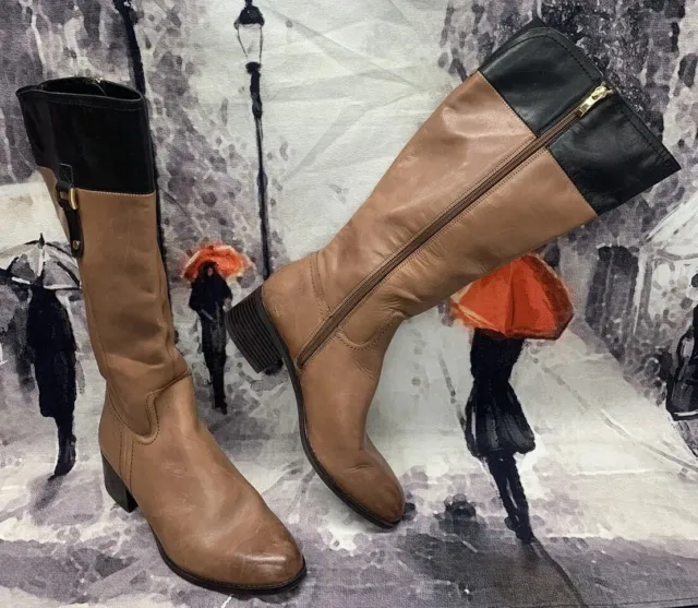 Franco Sarto Riding Boots Womens 9.5 M Brown Calf High Black Leather L-Lizbeth