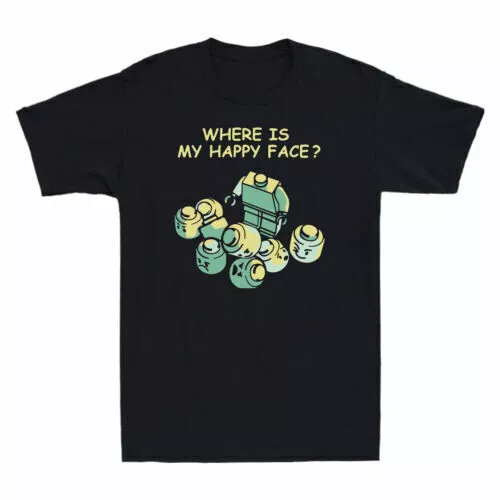 Where Is My Happy Face Funny Robot Graphic T-Shirt Men's Cotton Black Tee Top