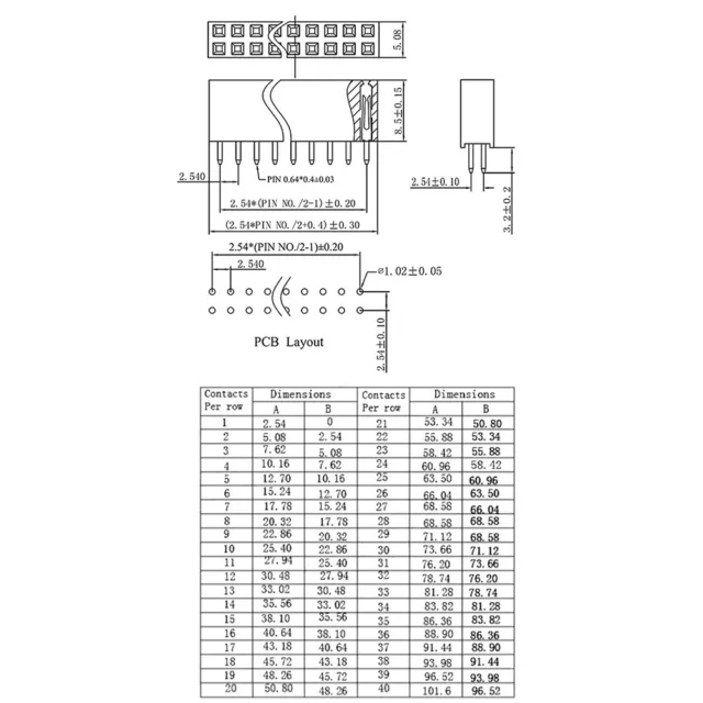 2.54mm Raster Zweireihig Buchsenleiste 2x2-2x40P Polig Gerade Pin Header Female 3