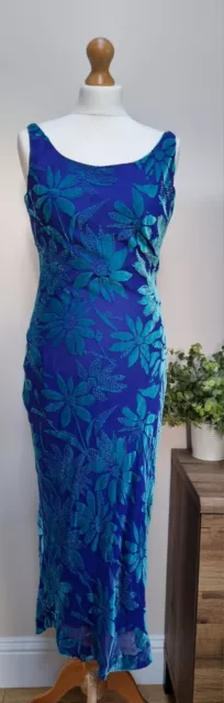 East New Size 10 Devore Silk Blend Floral Bias Cut Midi Maxi Dress Cobalt Rare