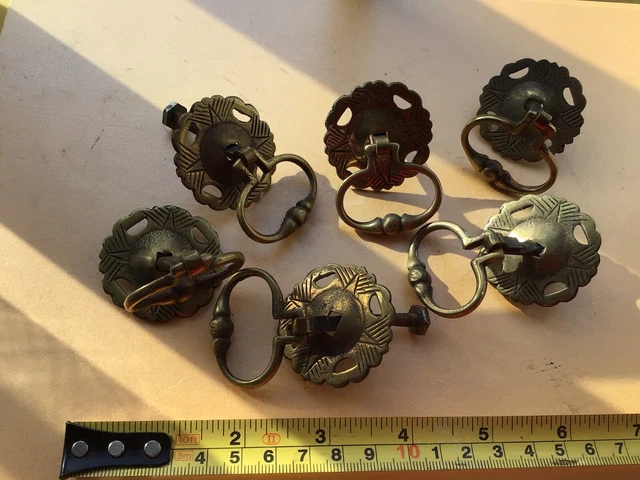 Antique Small Brass Door Drawer Cupboard Furniture Pull Handles Vintage Set Of 6