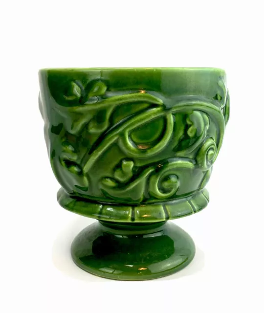 Vtg Haeger USA Pottery 6.5" Pedestal Planter Vase # 4026 Green Raised Leaf Vine