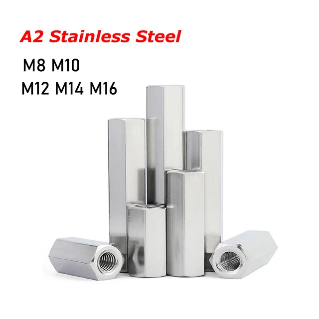 M8 M10 M12 M14 Hex Connector Threaded Sleeve Rod Bar Stud Long Nuts A2 Stainless