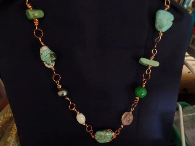 "Turquoise" Handcrafted Artisan Bead Wire Wrapped Constructed Necklace
