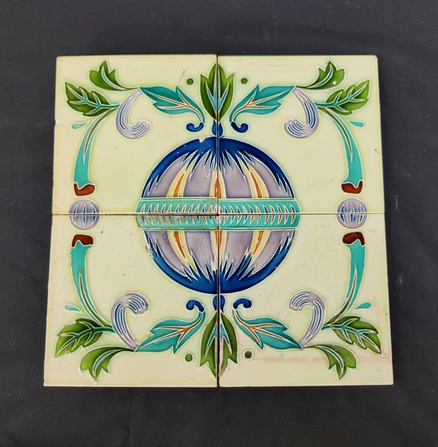 Vintage Globe Design Embossed Nouveau Architecture Furniture Tiles Japan 4Pc