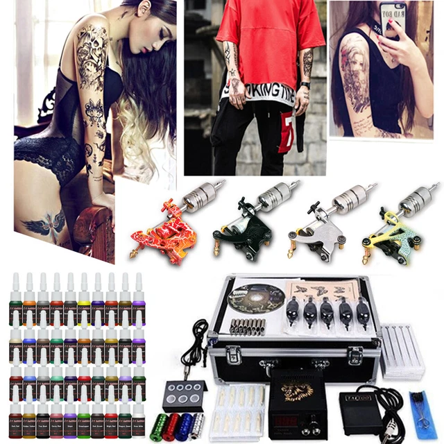 4 máquina de tatuaje juego completo con 50 agujas 40 colores tinta y maleta DE