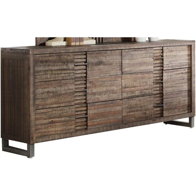 Six Drawers Wooden Dresser with Metal Sled Legs, Reclaimed Oak 6-drawer