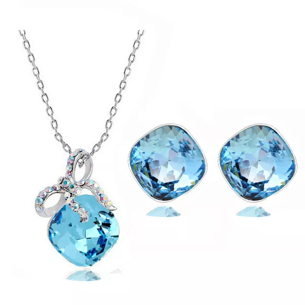 Aqua Stud Earrings necklace pendant women crystal  jewellery set silver S325