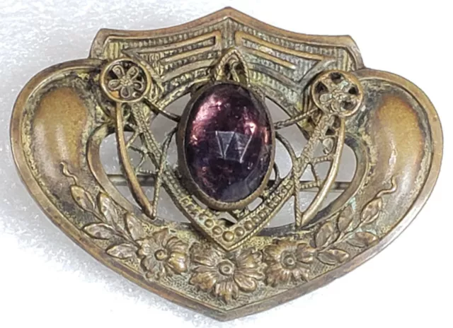 Antique Victorian ART NOUVEAU Brass Floral Design Purple Rhinestone Brooch