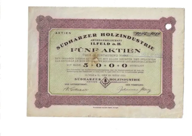 Südharzer Holzindustrie AG, Ilfeld a. Harz  Sa-Aktie  5000 M  1923