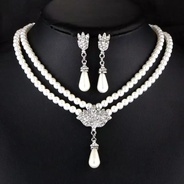 Silver Crystal And Pearl Sparkling Rhinestone Wedding Prom Necklace Earring Set