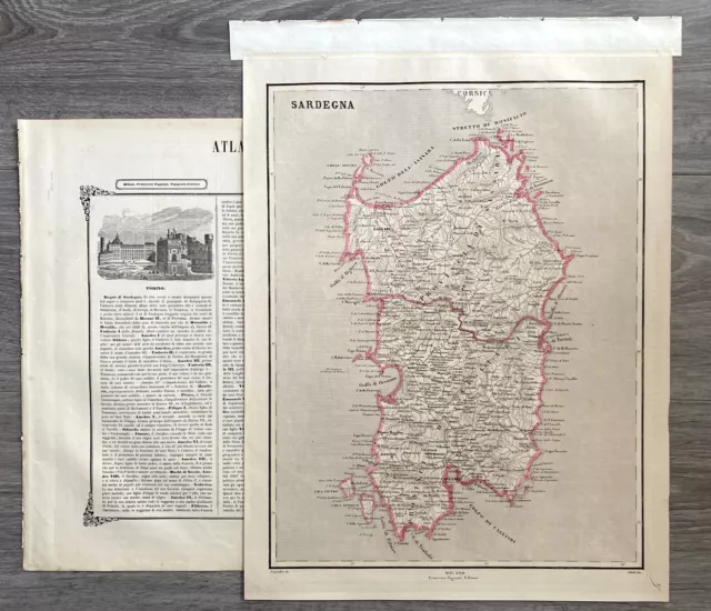 SARDEGNA Mappa + Foglio di Testo F. Naymiller 1860 - Mappa Originale Antica