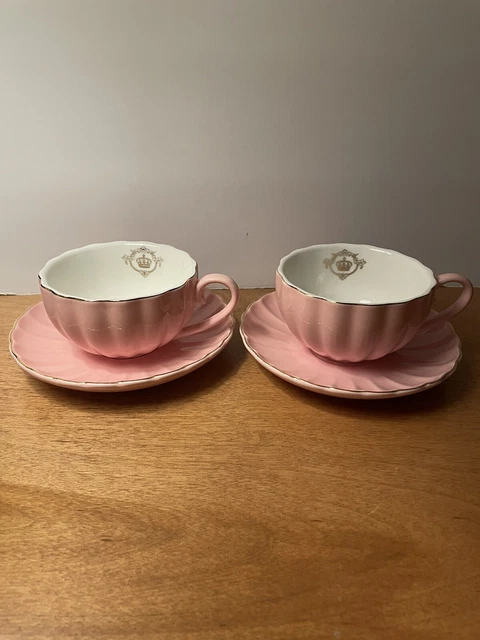 2 Pink Scalloped Cups & Saucers With English Markings & Gold details