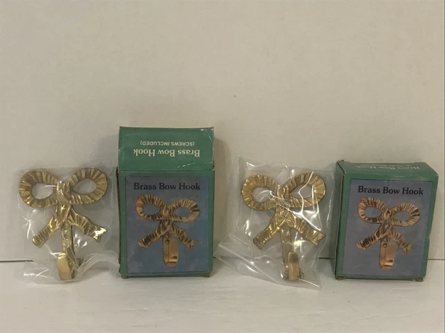 Vintage Brass Bow Ribbon Hook- SET OF (2) Decorative Wall Hanger Coat Key Racks