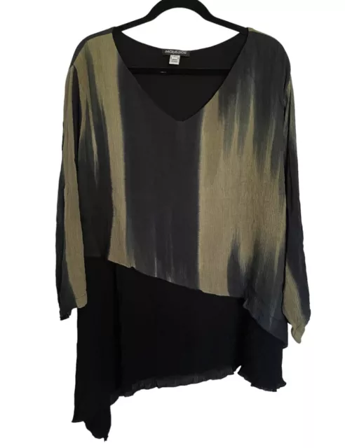 Modesce Dip Dye Layered Asymmetrical Hem Crinkle Top Black/Olive SZ 2X