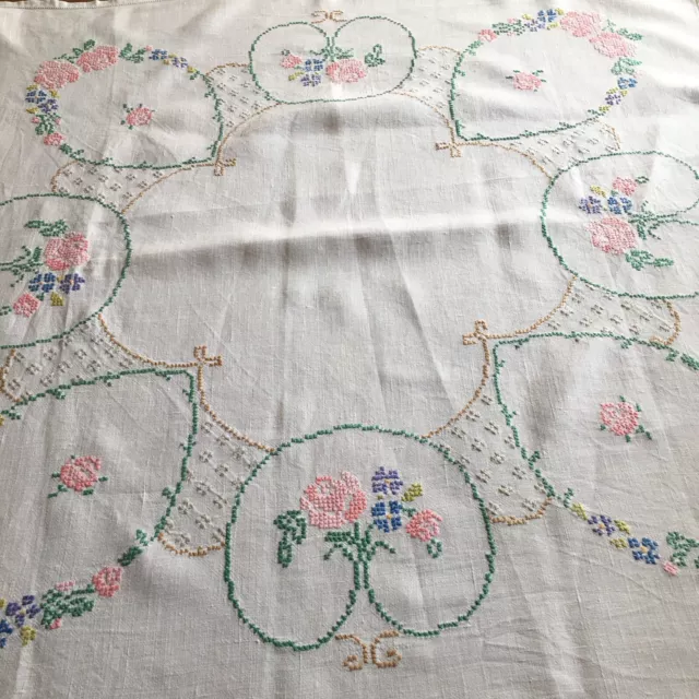 Vintage Hand Embroidered Cross Stitch White Linen Tablecloth Floral 33in x 33in