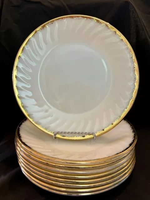 9 Vtg Fire King 9" Dinner Plates White Swirl Gold Trim Anchor Hocking Milk Glass