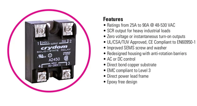 thumbnail image 2 of Crydom A2450 Solid State Relay – 90-280V AC, 50A, Zero Crossing, Panel Mount, SCR, UL/CSA/VDE 2 of 3