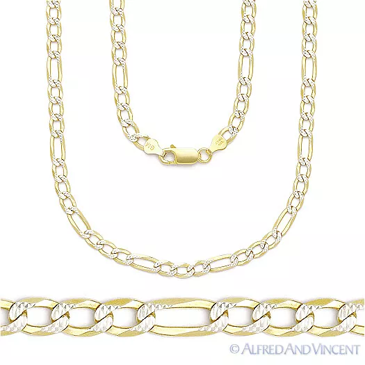 2.8mm Figaro Pave Link 925 Sterling Silver 14k Yellow Gold-Plated Chain Necklace