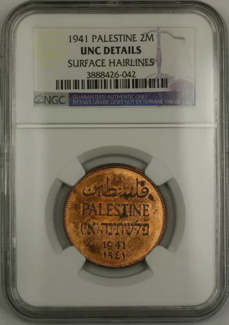 1941 Palestine 2m Two Mils Coin NGC UNC Details Surface Hairlines (Red)